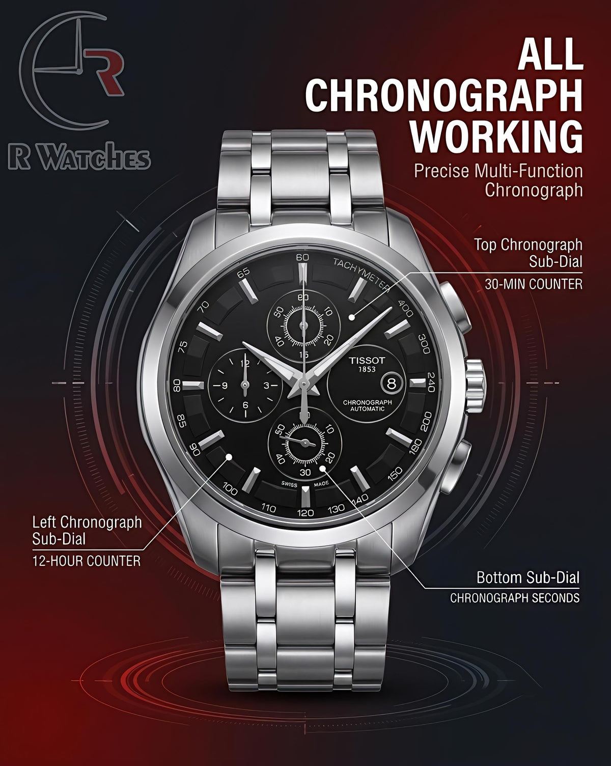 Tissot Silver Black – Premium Luxury Chronograph Watch (6 Month Warrenty)